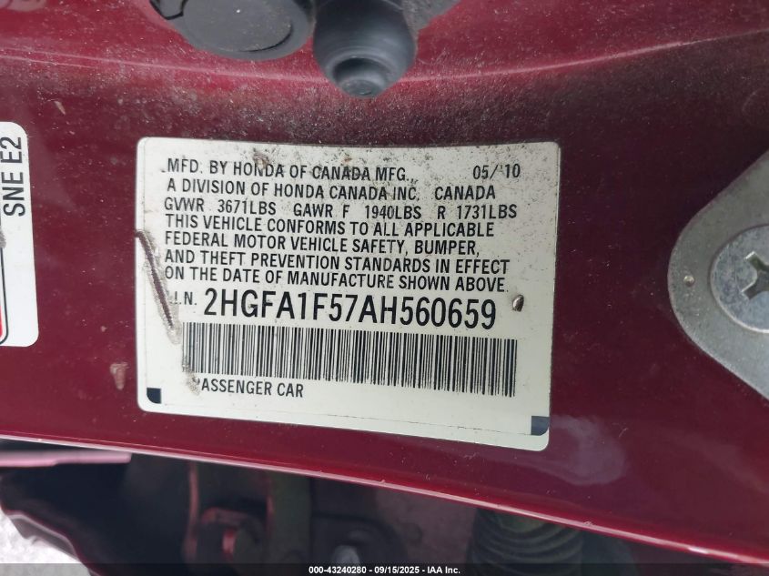 2010 Honda Civic Lx VIN: 2HGFA1F57AH560659 Lot: 43240280