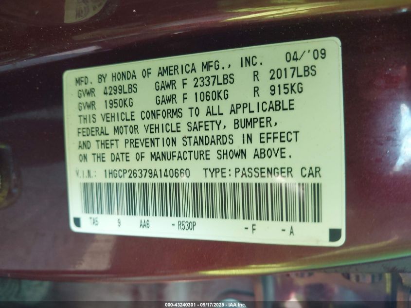 2009 Honda Accord 2.4 Lx VIN: 1HGCP26379A140660 Lot: 43240301