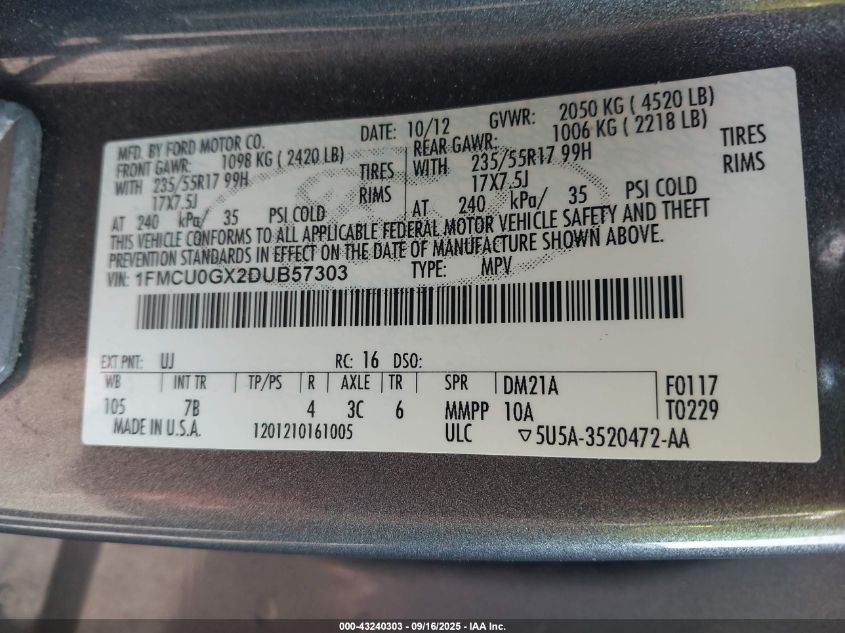 2013 Ford Escape Se VIN: 1FMCU0GX2DUB57303 Lot: 43240303