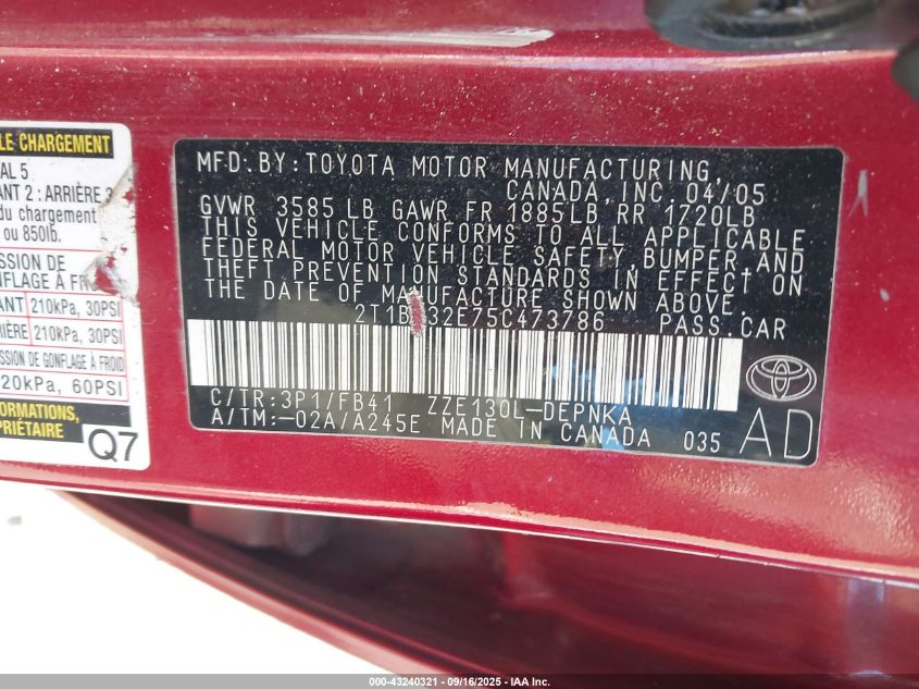 2005 Toyota Corolla Le VIN: 2T1BR32E75C473786 Lot: 43240321