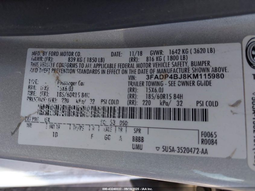 2019 Ford Fiesta Se VIN: 3FADP4BJ8KM115980 Lot: 43240333