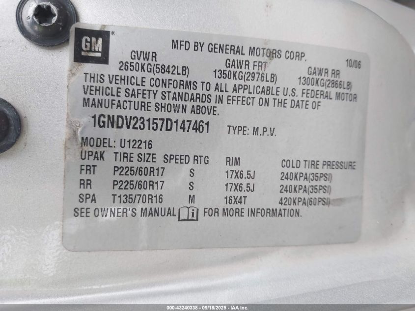 2007 Chevrolet Uplander Ls VIN: 1GNDV23157D147461 Lot: 43240338