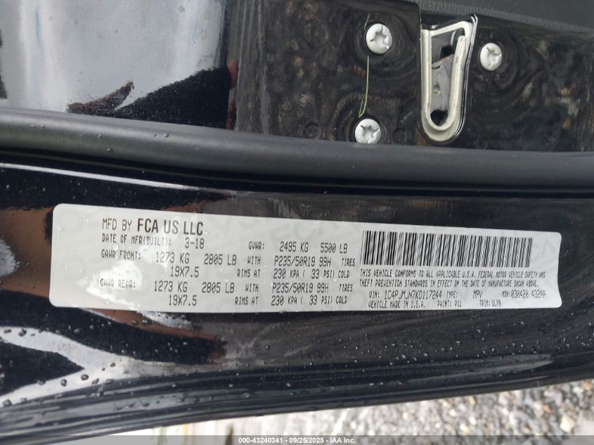 2019 Jeep Cherokee Overland 4X4 VIN: 1C4PJMJN7KD117244 Lot: 43240341