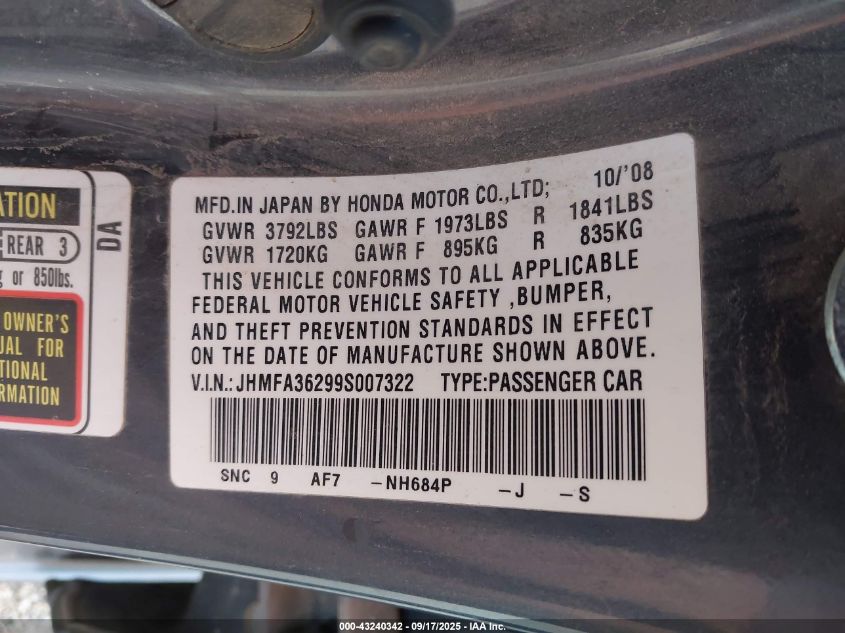 2009 Honda Civic Hybrid VIN: JHMFA36299S007322 Lot: 43240342