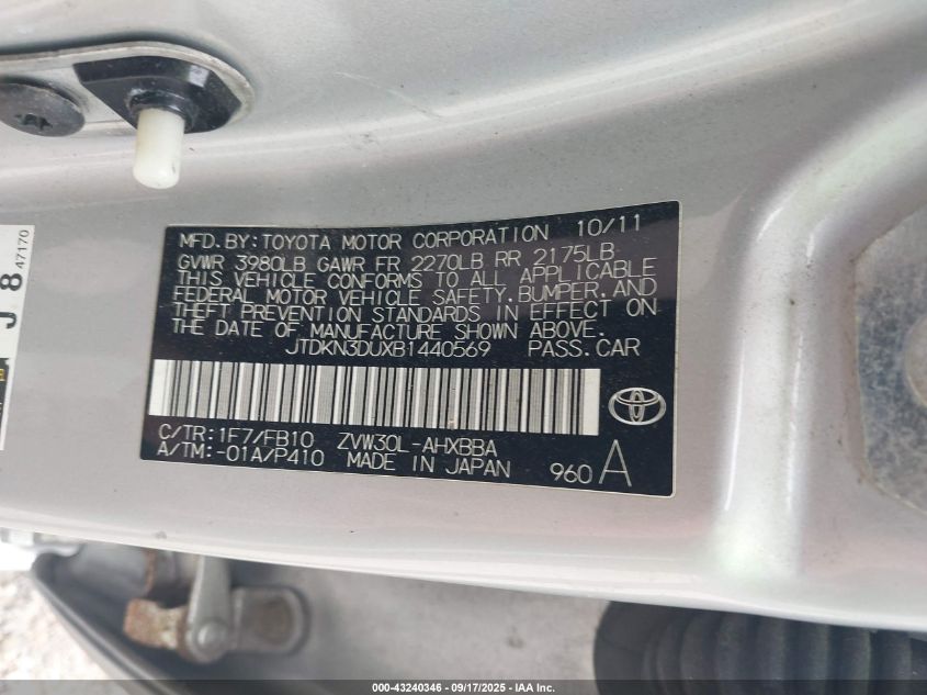 2011 Toyota Prius VIN: JTDKN3DUXB1440569 Lot: 43240346