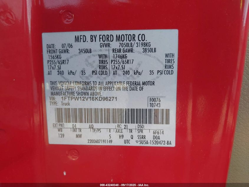 2006 Ford F-150 Lariat/Xlt VIN: 1FTPW12V16KD96271 Lot: 43240348