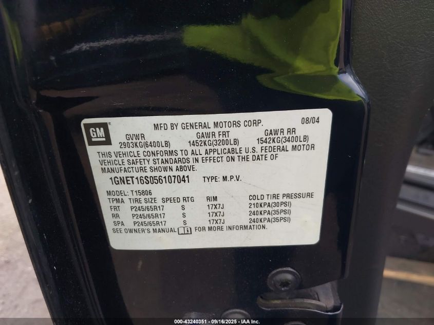 2005 Chevrolet Trailblazer Ext Lt VIN: 1GNET16S056107041 Lot: 43240351