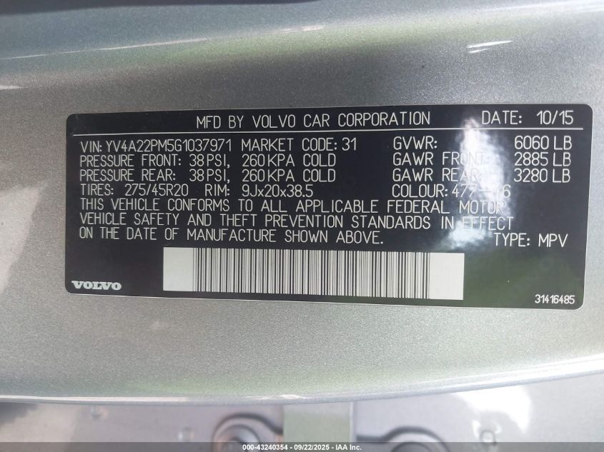 2016 Volvo Xc90 T6 VIN: YV4A22PM5G1037971 Lot: 43240354