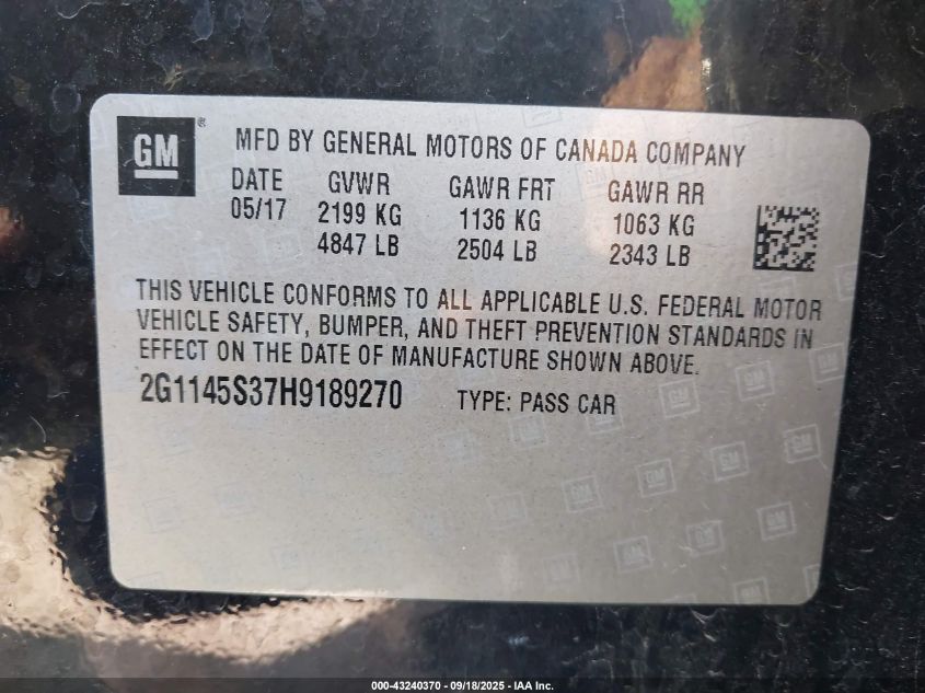 2017 Chevrolet Impala 2Lz VIN: 2G1145S37H9189270 Lot: 43240370