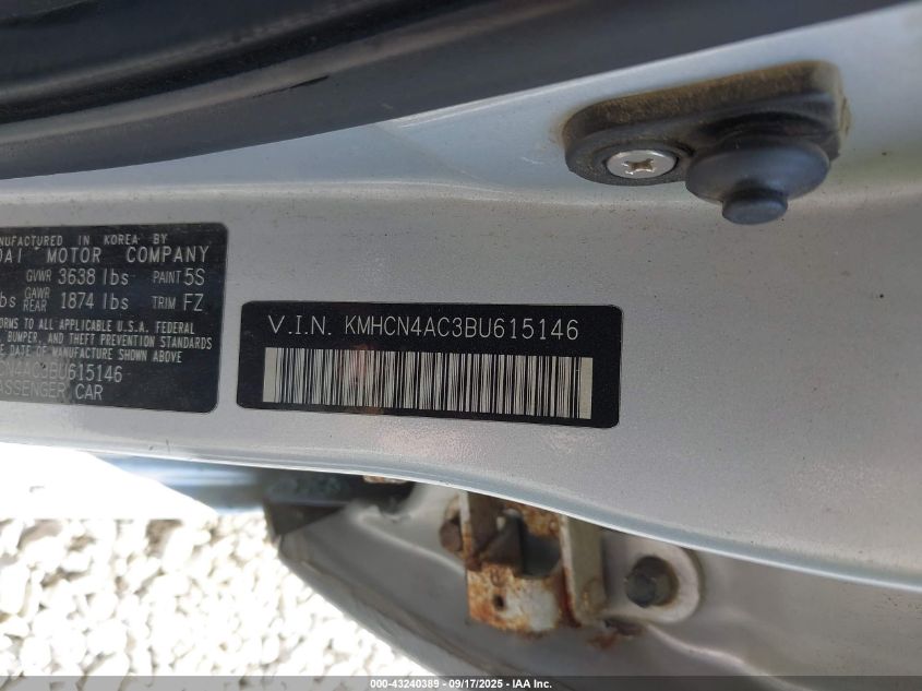 2011 Hyundai Accent Gls VIN: KMHCN4AC3BU615146 Lot: 43240389