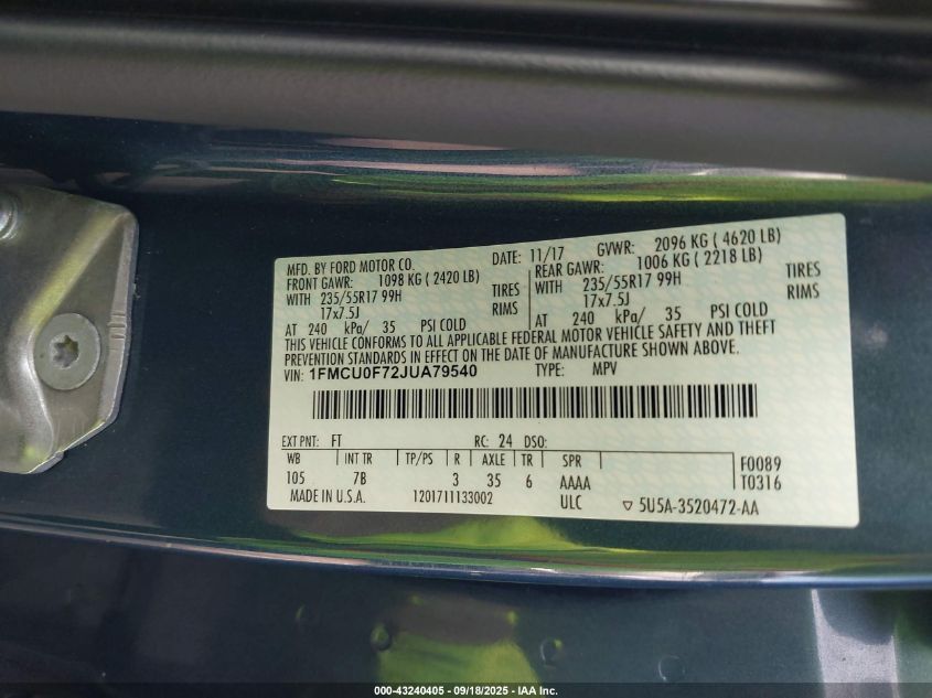 2018 Ford Escape S VIN: 1FMCU0F72JUA79540 Lot: 43240405