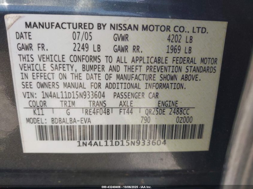 2005 Nissan Altima 2.5 S VIN: 1N4AL11D15N933604 Lot: 43240406