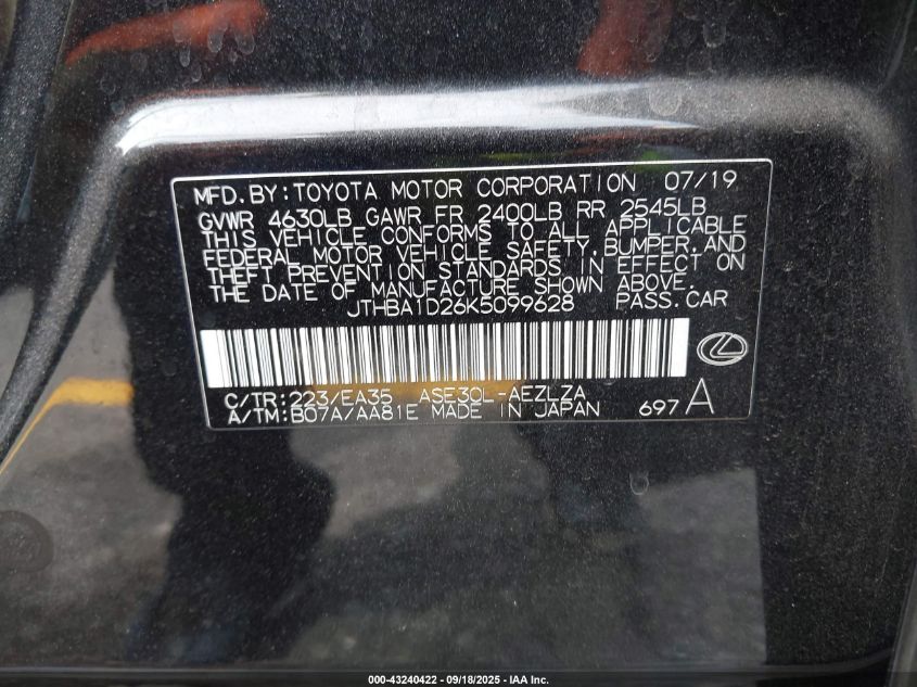 2019 Lexus Is 300 VIN: JTHBA1D26K5099628 Lot: 43240422