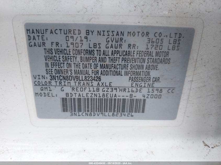 2020 Nissan Versa S Xtronic Cvt VIN: 3N1CN8DV9LL823426 Lot: 43240430