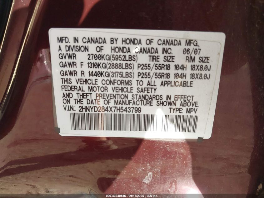 2007 Acura Mdx Technology Package VIN: 2HNYD284X7H543799 Lot: 43240436