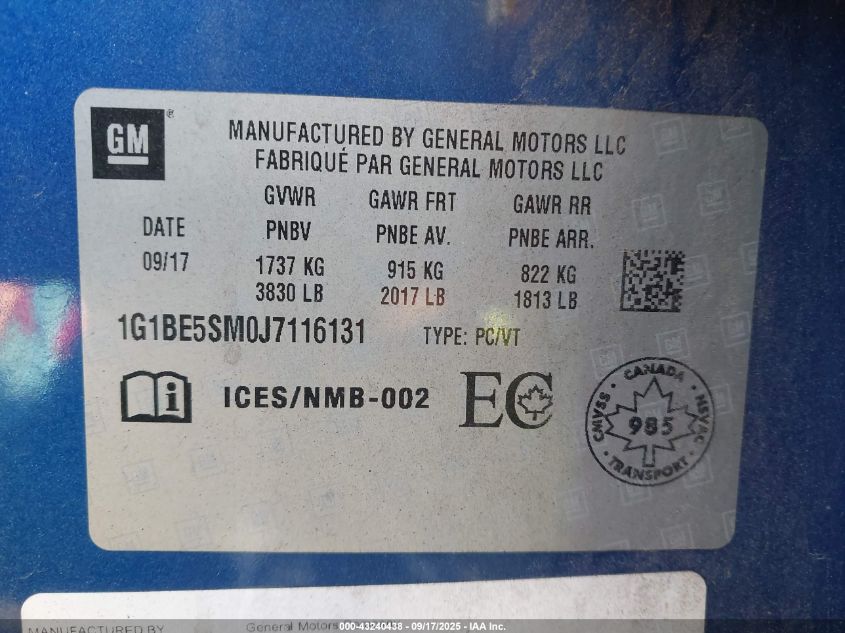 2018 Chevrolet Cruze Lt Auto VIN: 1G1BE5SM0J7116131 Lot: 43240438
