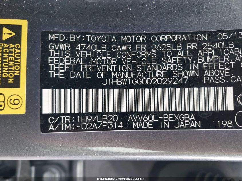 2013 Lexus Es 300H VIN: JTHBW1GG0D2029247 Lot: 43240456