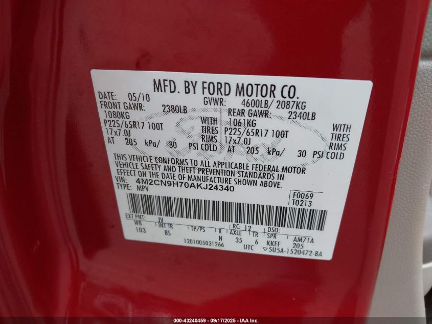 2010 Mercury Mariner Premier VIN: 4M2CN9H70AKJ24340 Lot: 43240459