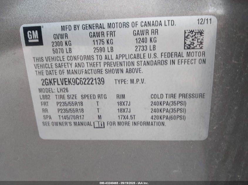 2012 GMC Terrain Slt-1 VIN: 2GKFLVEK9C6222139 Lot: 43240465