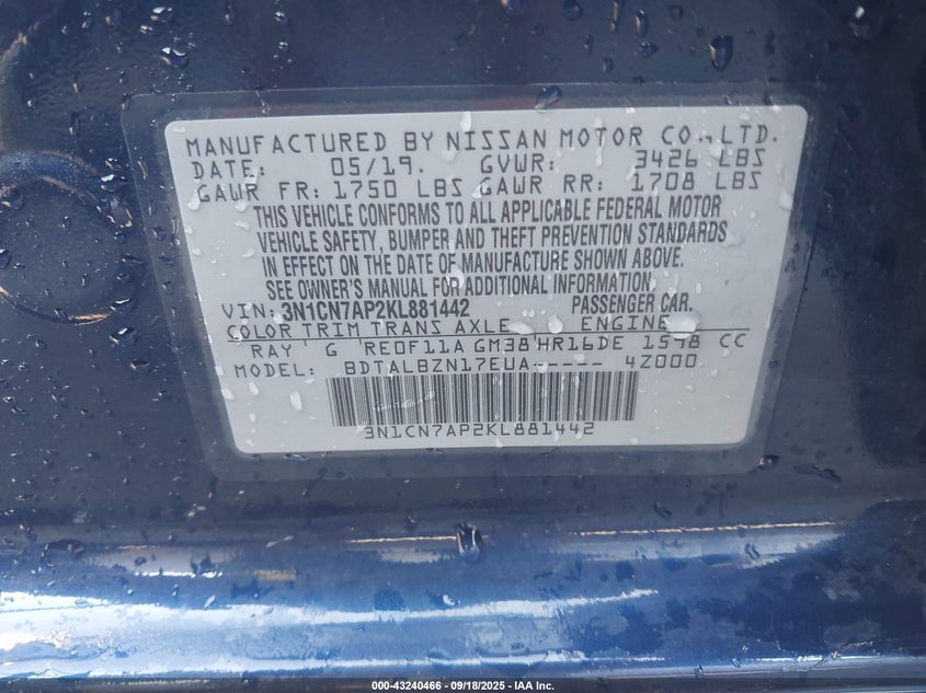 2019 Nissan Versa 1.6 Sv VIN: 3N1CN7AP2KL881442 Lot: 43240466