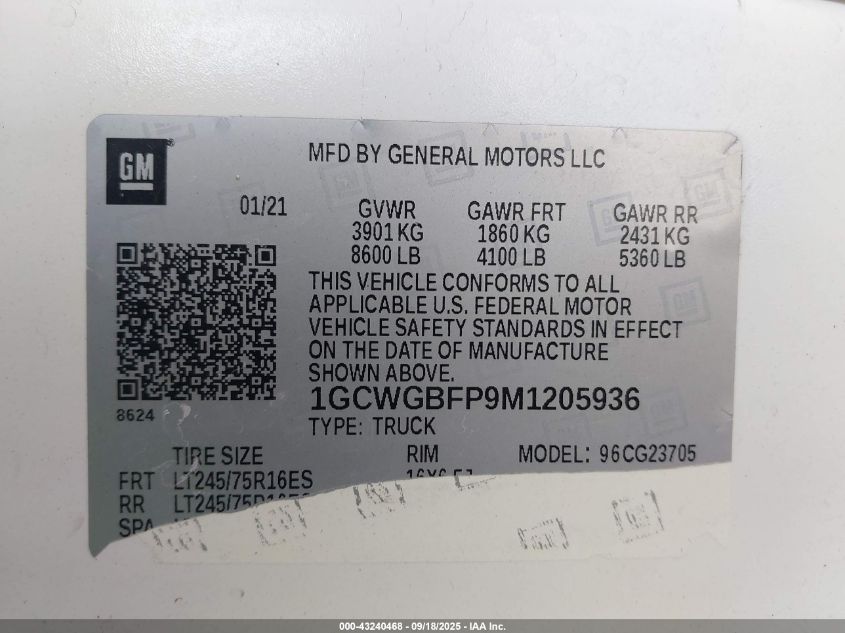 2021 Chevrolet Express Cargo Rwd 2500 Extended Wheelbase Wt VIN: 1GCWGBFP9M1205936 Lot: 43240468