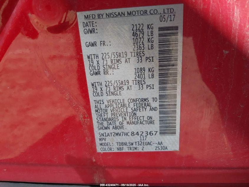 2017 Nissan Rogue Sl VIN: 5N1AT2MV7HC842367 Lot: 43240471