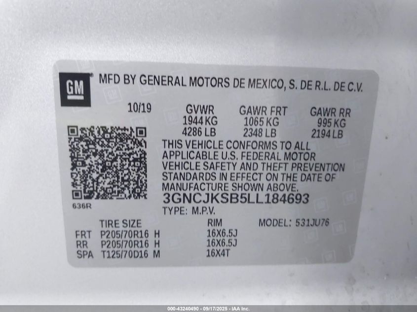 2020 Chevrolet Trax Fwd Ls VIN: 3GNCJKSB5LL184693 Lot: 43240490