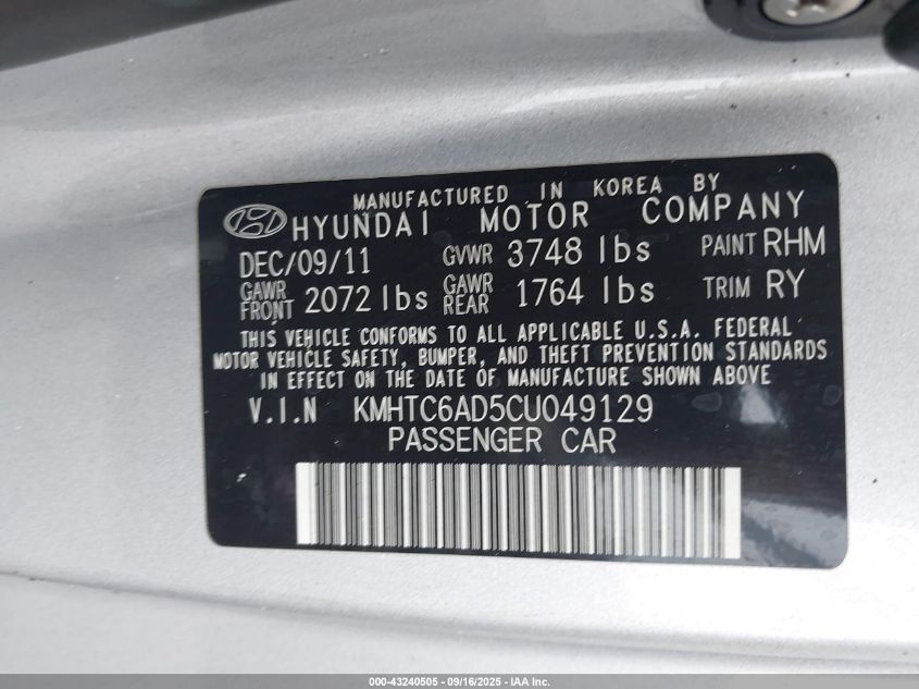 2012 Hyundai Veloster Base W/Gray VIN: KMHTC6AD5CU049129 Lot: 43240505