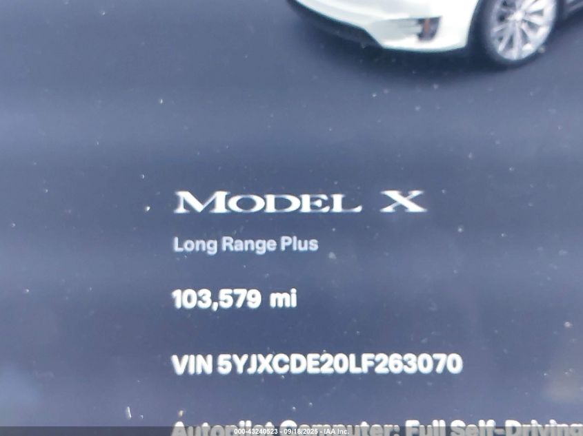 2020 Tesla Model X Long Range Dual Motor All-Wheel Drive/Long Range Plus Dual Motor All-Wheel Drive VIN: 5YJXCDE20LF263070 Lot: 43240523