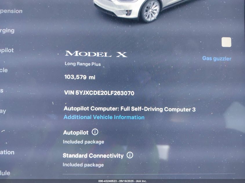 2020 Tesla Model X Long Range Dual Motor All-Wheel Drive/Long Range Plus Dual Motor All-Wheel Drive VIN: 5YJXCDE20LF263070 Lot: 43240523