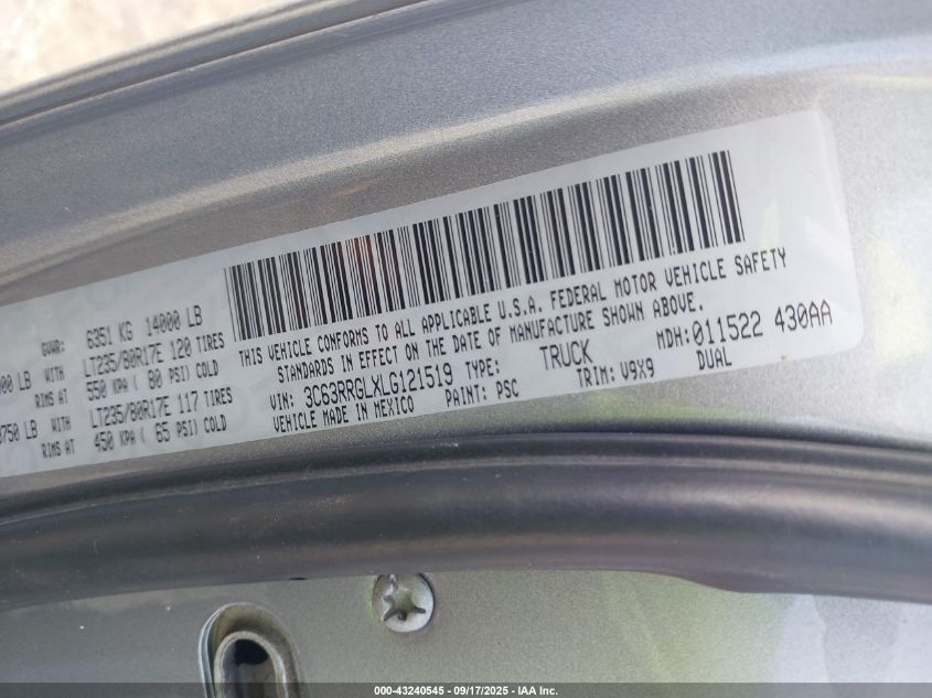 2020 Ram 3500 Tradesman 4X4 8' Box VIN: 3C63RRGLXLG121519 Lot: 43240545