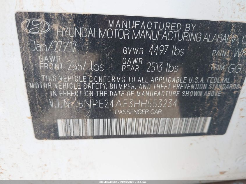 2017 Hyundai Sonata VIN: 5NPE24AF3HH553234 Lot: 43240587