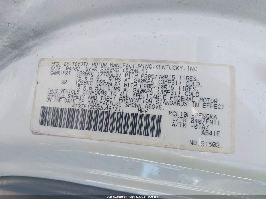 2002 Toyota Sienna Le VIN: 4T3ZF13C32U491311 Lot: 43240611