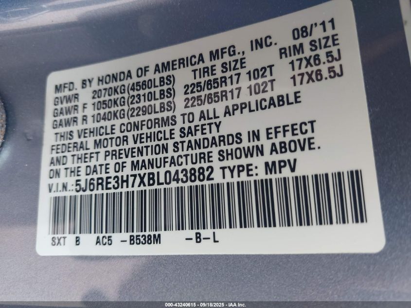 2011 Honda Cr-V Ex-L VIN: 5J6RE3H7XBL043882 Lot: 43240615