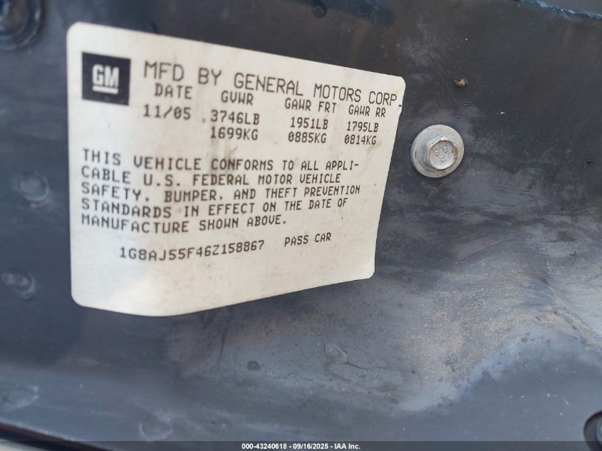 2006 Saturn Ion 2 VIN: 1G8AJ55F46Z158867 Lot: 43240618