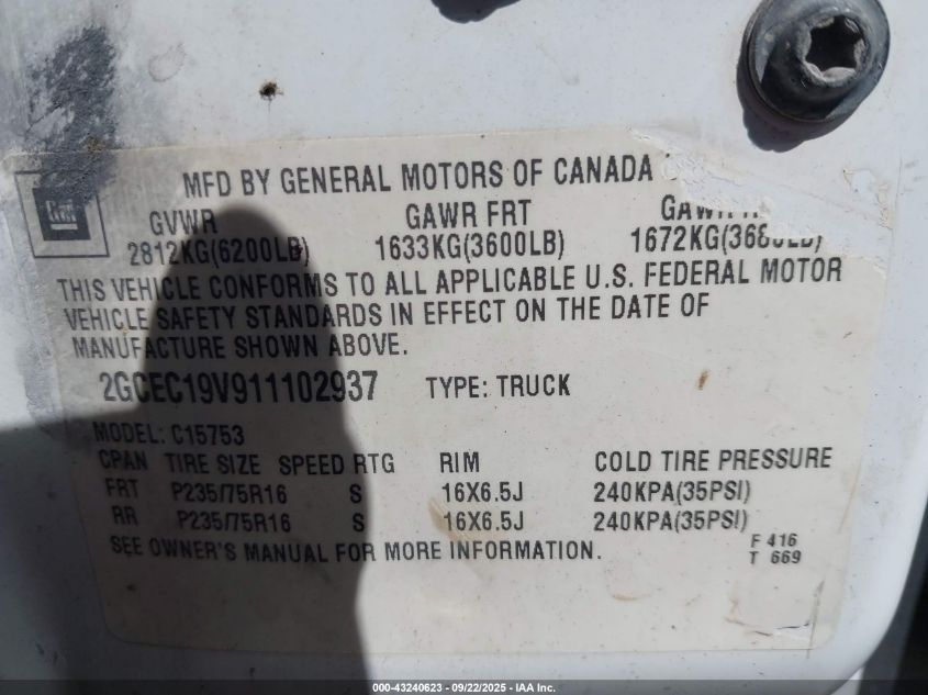 2001 Chevrolet Silverado 1500 Ls VIN: 2GCEC19V911102937 Lot: 43240623