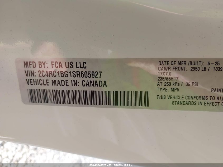 2025 Chrysler Pacifica Select VIN: 2C4RC1BG1SR605927 Lot: 43240629