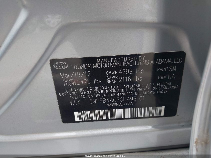 2012 Hyundai Sonata Gls Pzev VIN: 5NPEB4AC7CH496101 Lot: 43240636