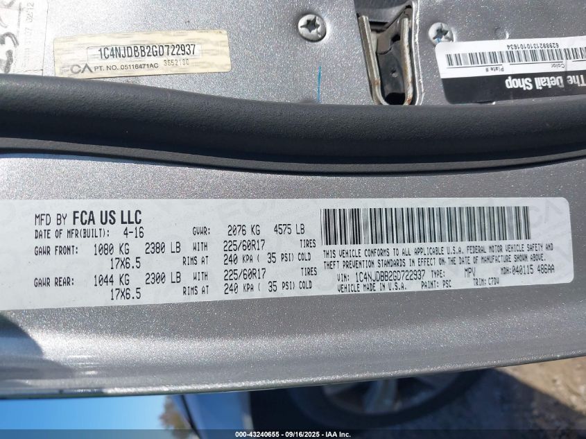 2016 Jeep Compass Sport VIN: 1C4NJDBB2GD722937 Lot: 43240655