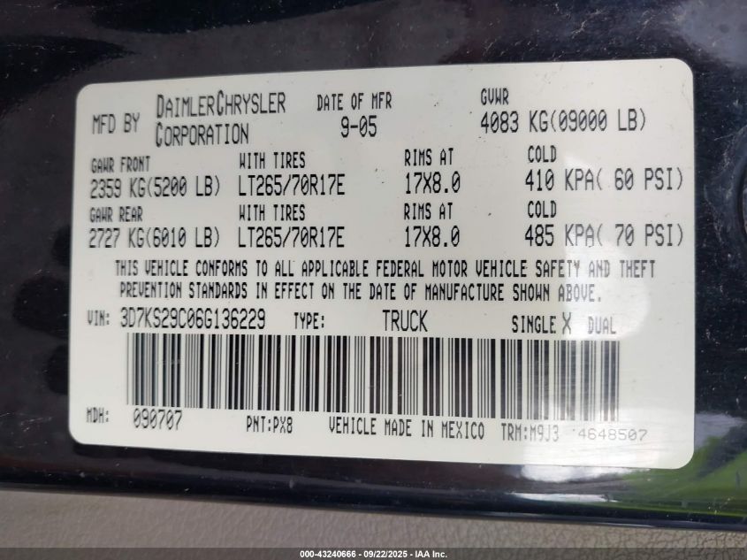 2006 Dodge Ram 2500 Slt VIN: 3D7KS29C06G136229 Lot: 43240666