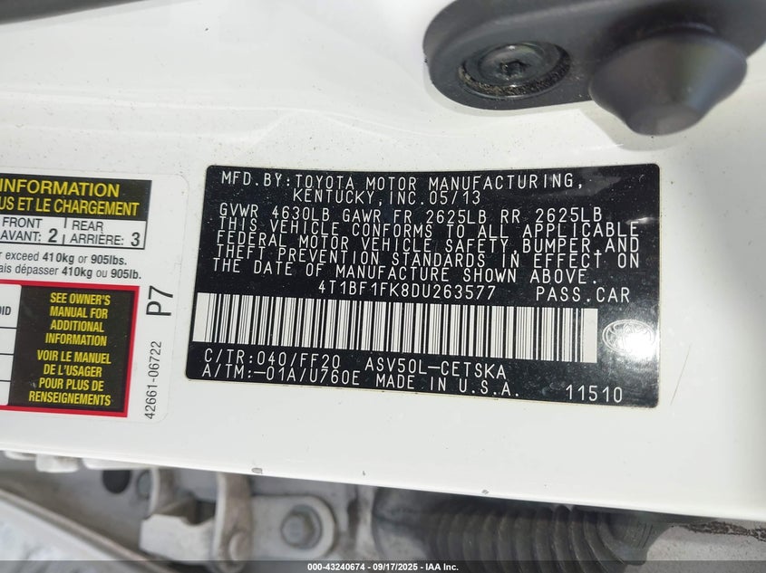 2013 Toyota Camry Se VIN: 4T1BF1FK8DU263577 Lot: 43240674