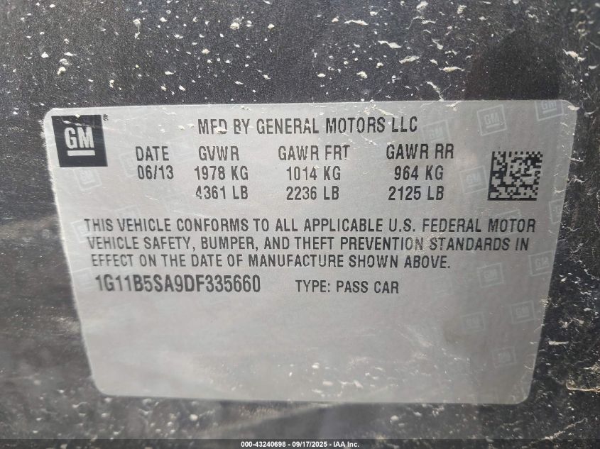 2013 Chevrolet Malibu 1Ls VIN: 1G11B5SA9DF335660 Lot: 43240698