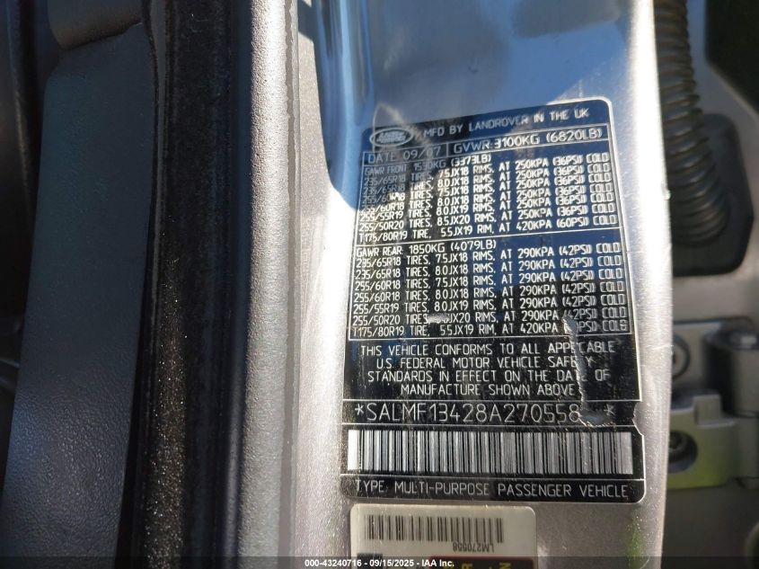 2008 Land Rover Range Rover Supercharged VIN: SALMF13428A270558 Lot: 43240716
