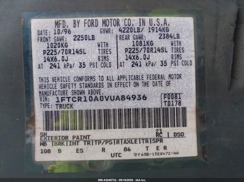 1997 Ford Ranger Splash/Xl/Xlt VIN: 1FTCR10A0VUA84936 Lot: 43240732