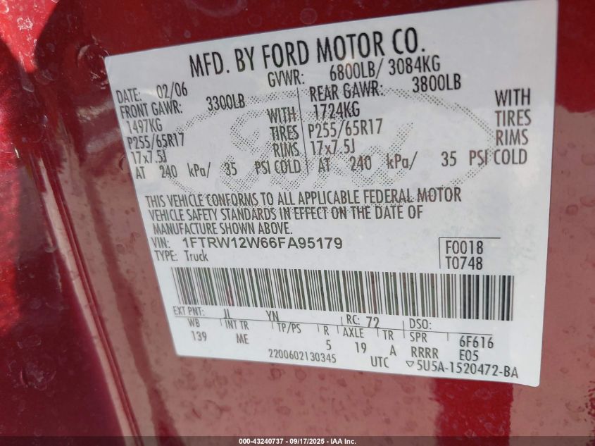 2006 Ford F-150 Xlt VIN: 1FTRW12W66FA95179 Lot: 43240737