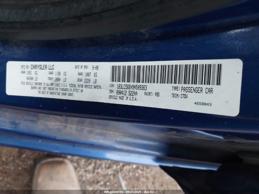 2009 Dodge Avenger R/T VIN: 1B3LC56BX9N509363 Lot: 43240752