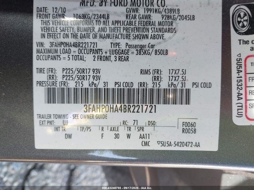 2011 Ford Fusion Se VIN: 3FAHP0HA4BR221721 Lot: 43240755