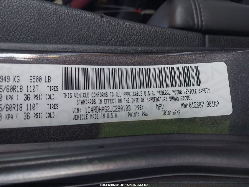 2018 Dodge Durango Sxt Rwd VIN: 1C4RDHAG2JC290103 Lot: 43240762