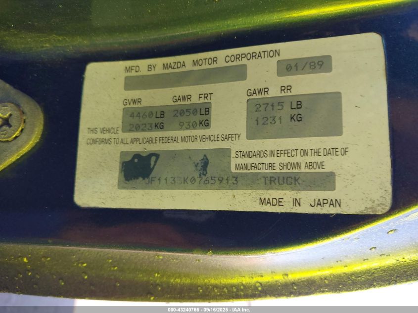 1989 Mazda B2200 Short Bed VIN: JM2UF1133K0765913 Lot: 43240766