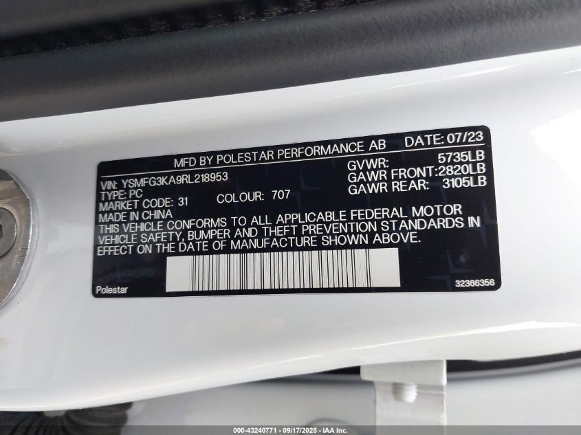 2024 Polestar 2 Long Range Dual Motor Performance Plus VIN: YSMFG3KA9RL218953 Lot: 43240771